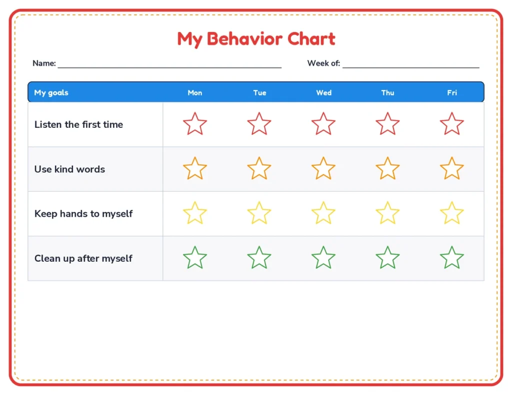 Weekly behavior chart printable, school days