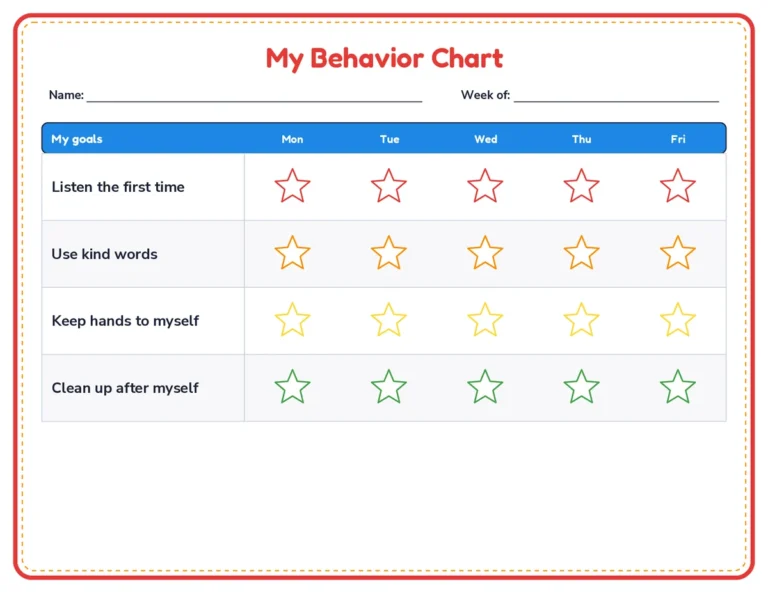 Weekly behavior chart printable, school days
