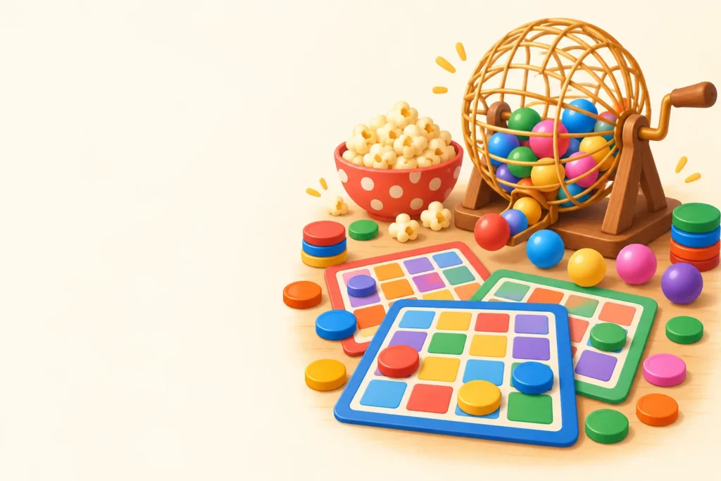 Illustration of colorful bingo cards, markers, a bingo cage full of balls and a bowl of popcorn