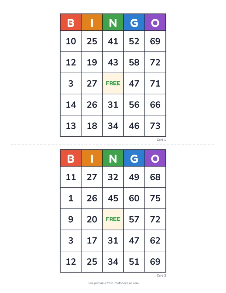 Bingo card generator preview: ten unique printable 1-75 bingo cards, two per page, with a caller sheet and calling cards