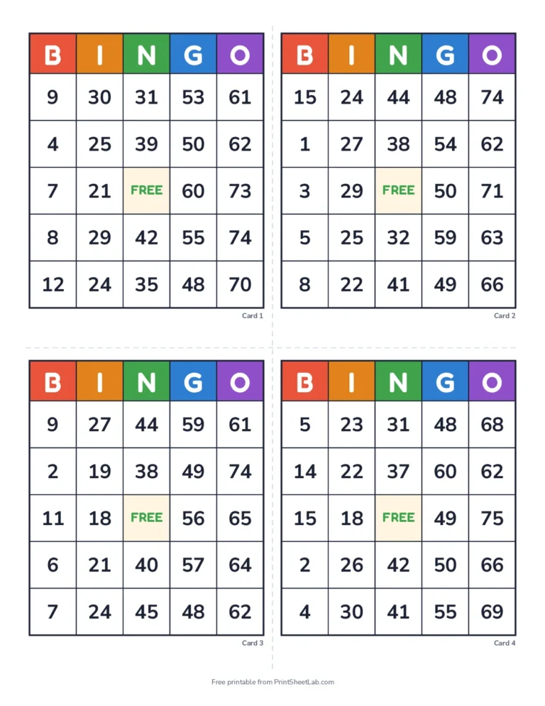 Twenty unique 1-75 bingo cards, four per page, with caller sheet