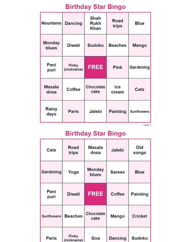 Printable birthday star bingo cards, a calm sit-down choice among birthday party games for kids