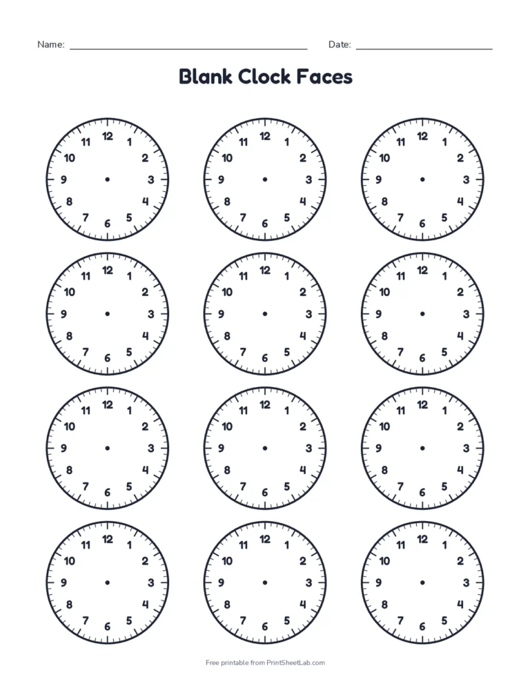 Twelve small blank clock faces with hour numbers on one page