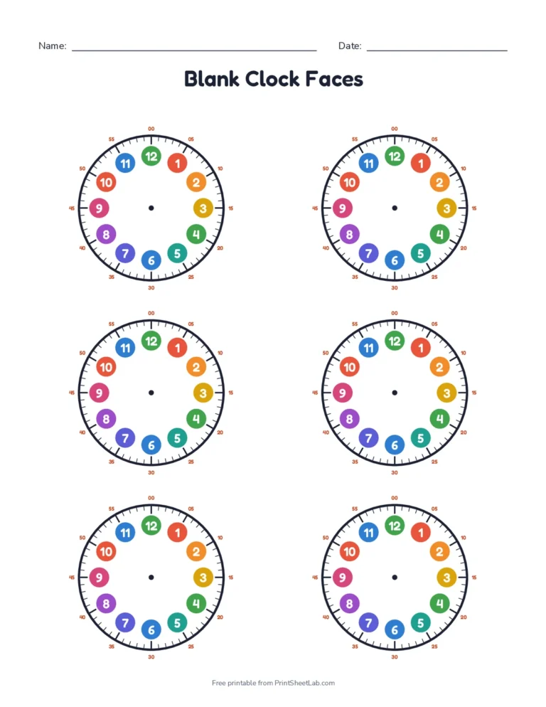 Blank clock face sheet: six printable clock faces with colorful hour numbers and minutes