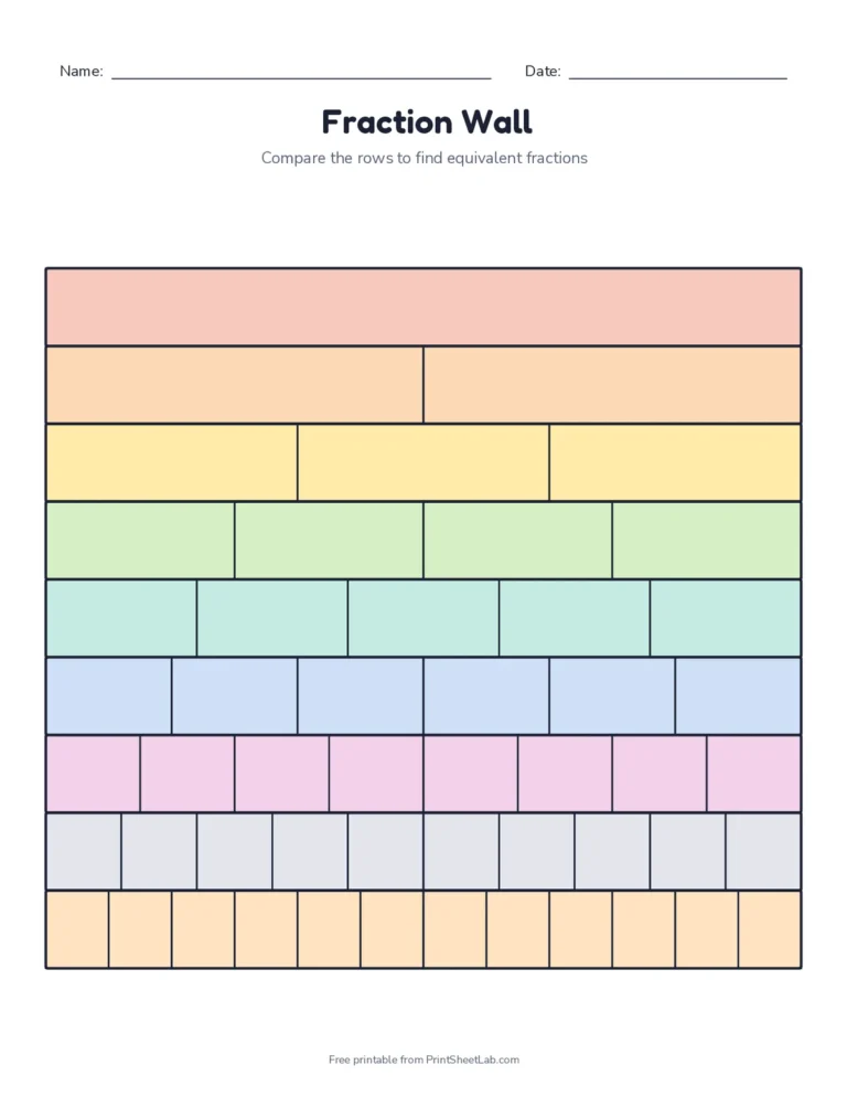 Blank fraction wall to label and color, from one whole to twelfths