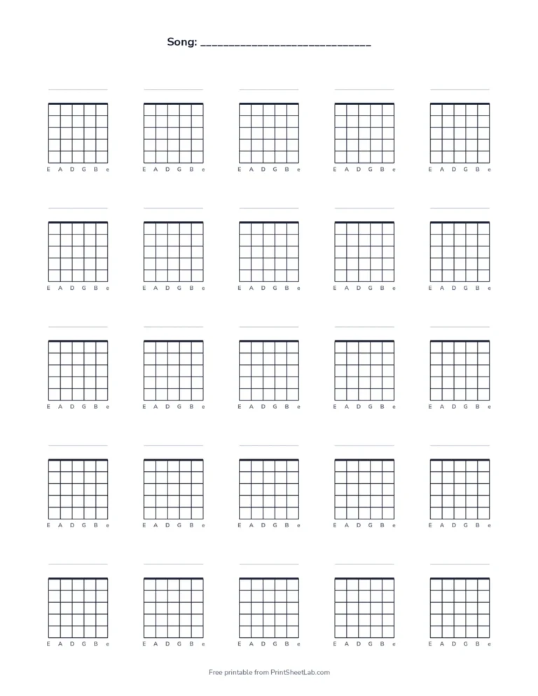 Twenty-five blank guitar chord diagrams with a song title line
