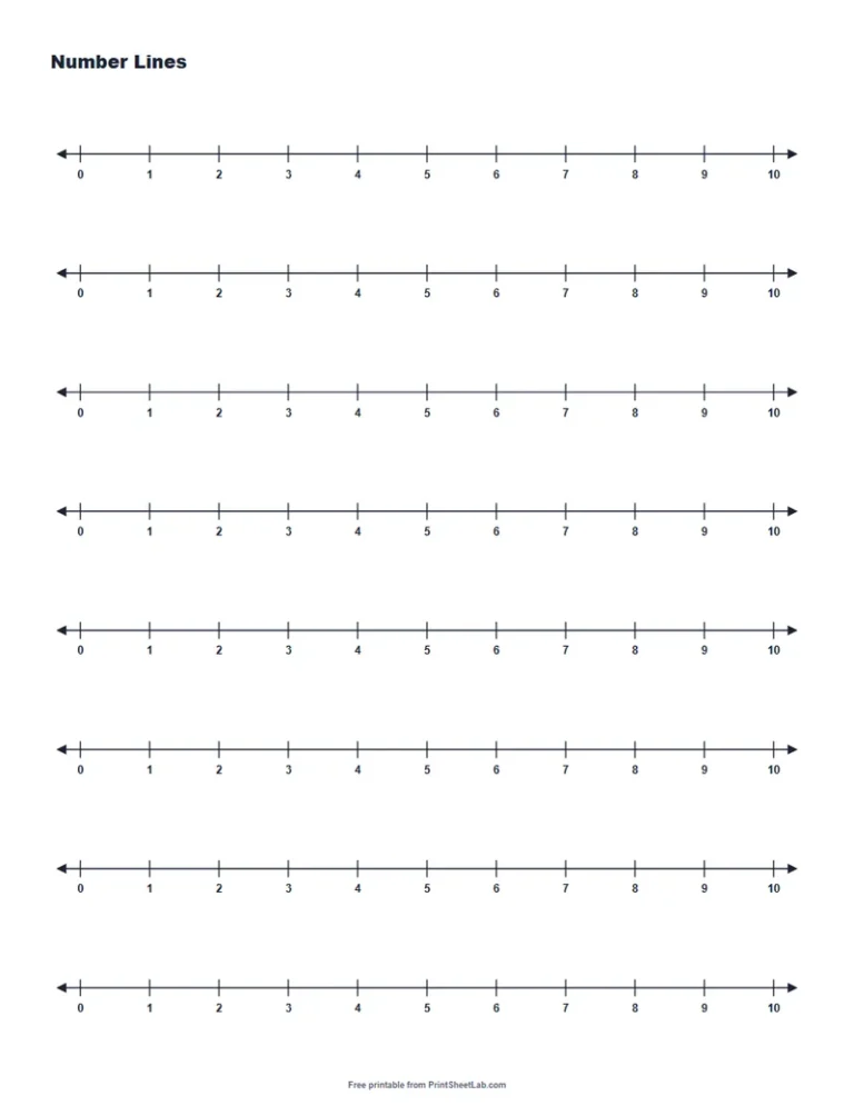 Printable blank number lines numbered 0 to 10