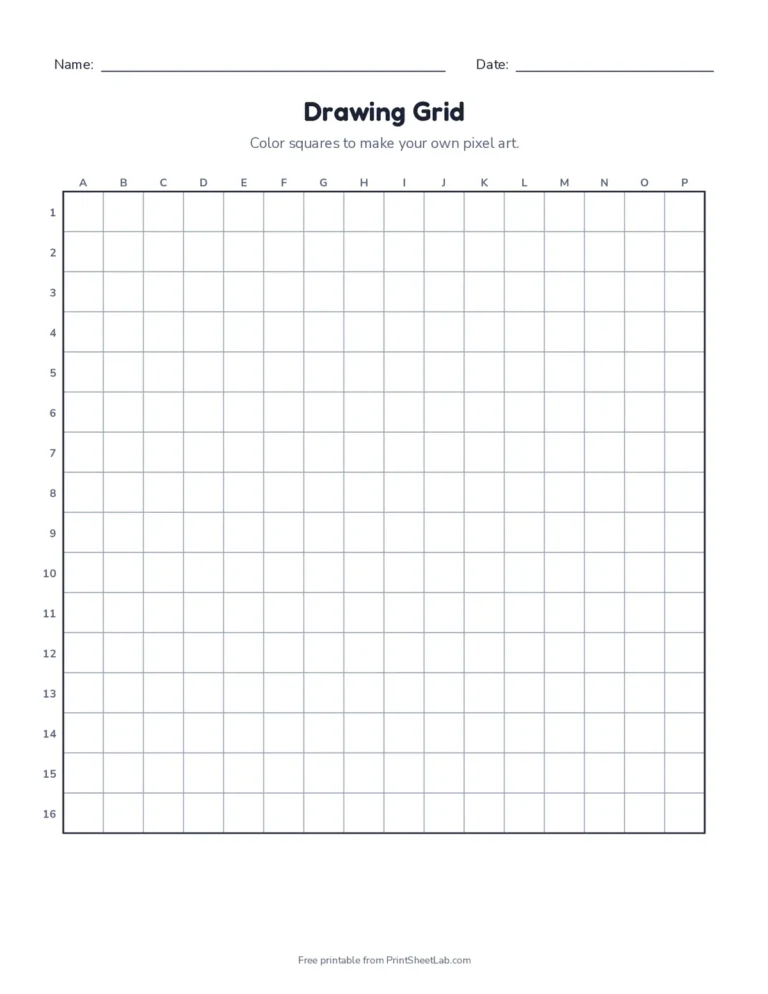 Blank 16 by 16 pixel art drawing grid with lettered columns and numbered rows