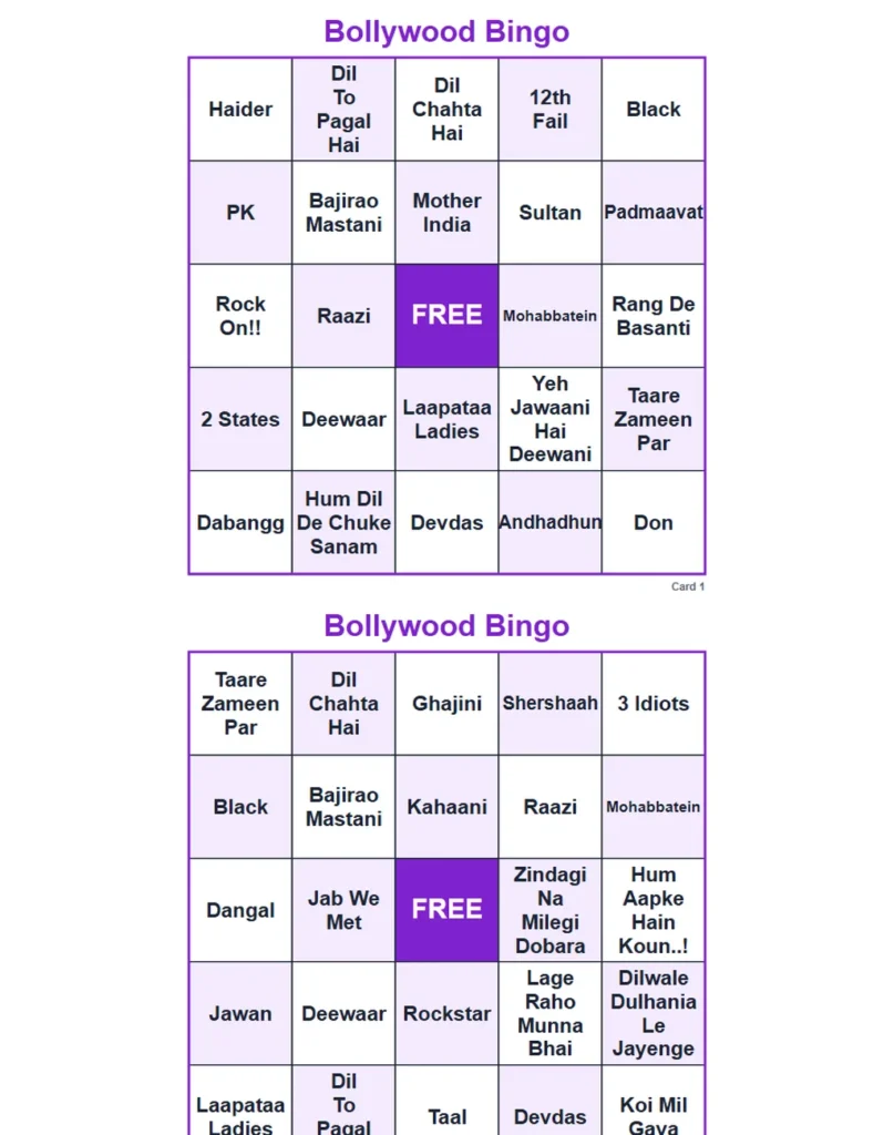 Printed Bollywood bingo cards with famous film names, one of the most popular Bollywood party games