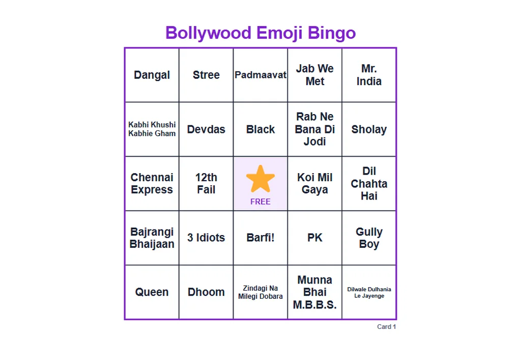 Bollywood emoji bingo cards with film clues, a quick Bollywood party game for mixed ages