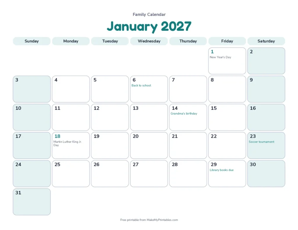 Printable calendar made with the free calendar maker: January 2027 in the playful teal design with a Family Calendar title, US holidays and four custom events such as Grandma's birthday