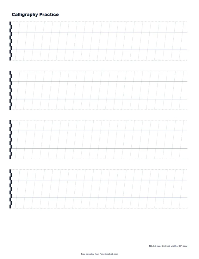 Italic calligraphy practice guide sheet for a 3.8 mm nib