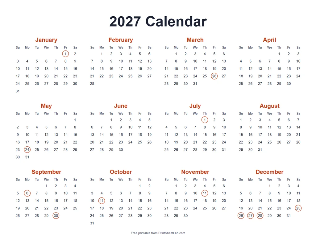 Canada Statutory Holidays 2027 in the tomato color theme