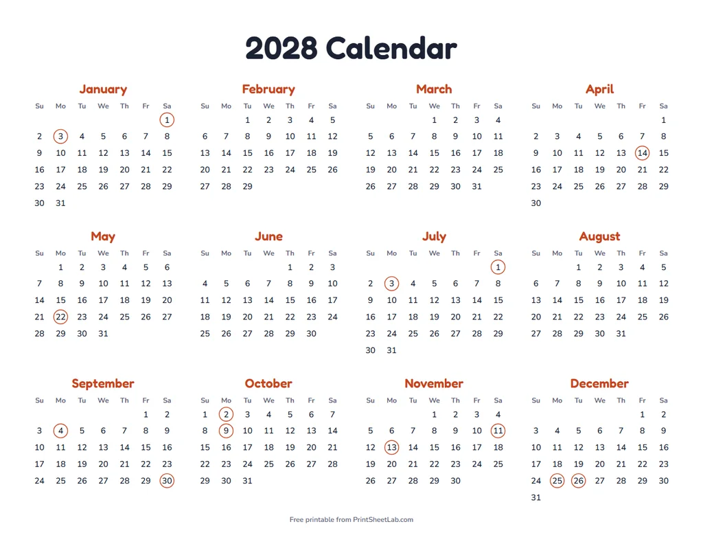 Canada Statutory Holidays 2028 in the tomato color theme