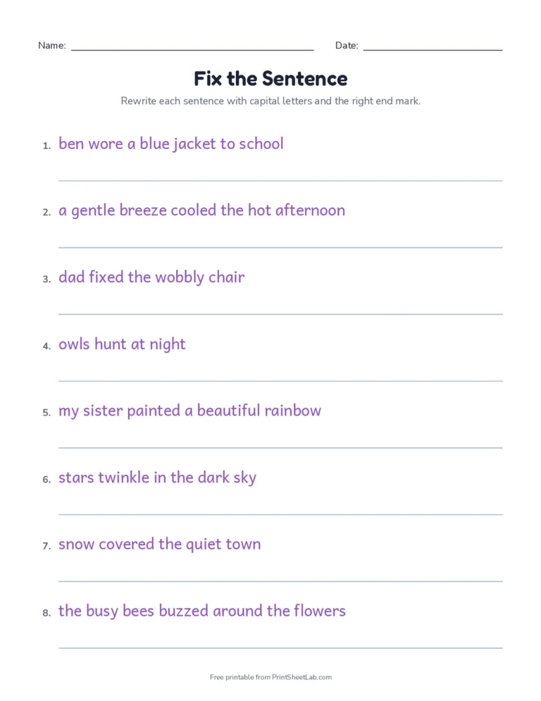 Fix the sentence worksheet: rewrite each sentence with capital letters and the right end mark