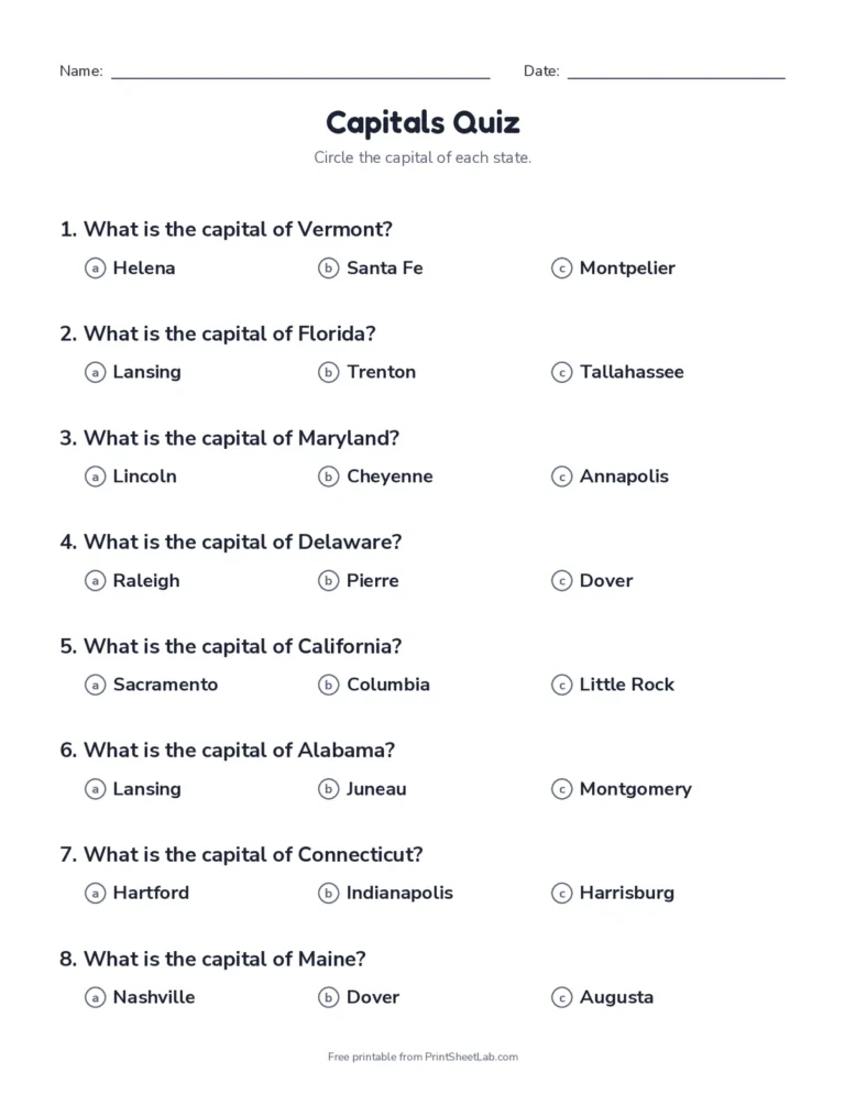Multiple choice state capitals quiz with three answer choices and an answer key