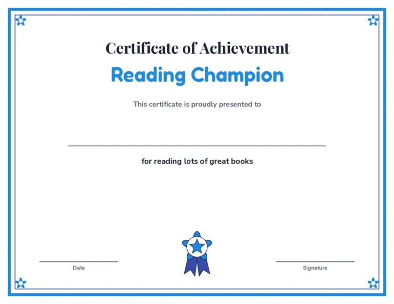 Reading Champion certificate printable, classic border