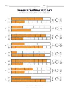 Compare Fractions With Bars printable worksheet for grades 3 and 4