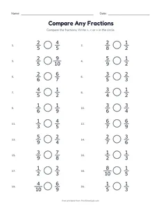 Compare Any Fractions printable worksheet for grades 3 and 4