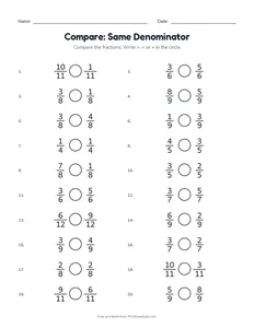 Compare: Same Denominator printable worksheet for grades 3 and 4