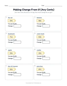 Making Change From $1 (Any Cents) printable worksheet for grades 2 and 3