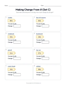 Making Change From $1 (Set C) printable worksheet for grades 2 and 3