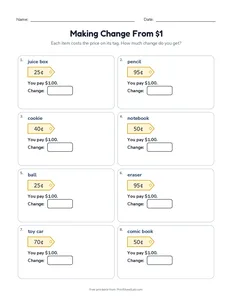 Making Change From $1 printable worksheet for grades 2 and 3