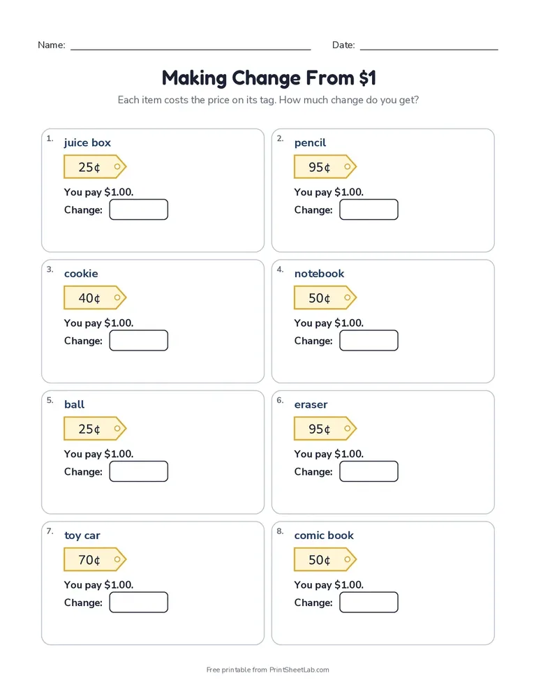 Making Change From $1 printable worksheet for grades 2 and 3