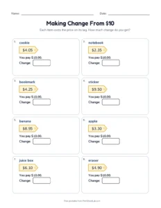 Making Change From $10 printable worksheet for grades 2 and 3