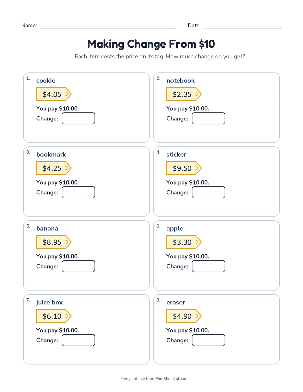 making change worksheets: change from $10