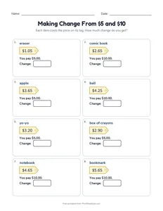 Making Change From $5 and $10 printable worksheet for grades 2 and 3