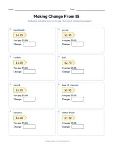 Making Change From $5 printable worksheet for grades 2 and 3