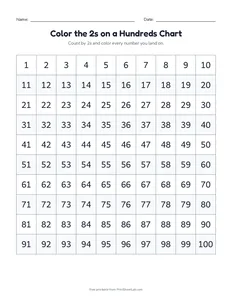 Color the 2s on a Hundreds Chart printable worksheet for grades 1 and 2