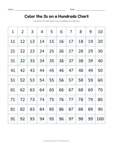 Color the 3s on a Hundreds Chart printable worksheet for grades 1 and 2