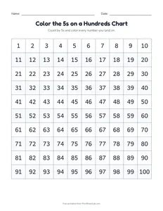 Color the 5s on a Hundreds Chart printable worksheet for grades 1 and 2