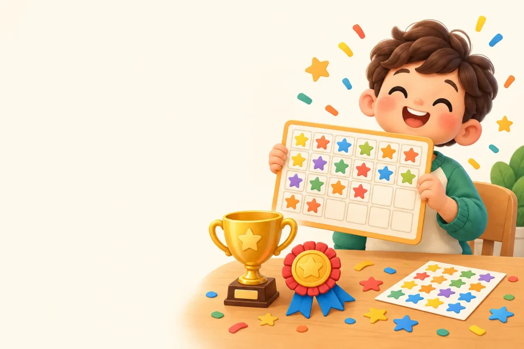Happy child holding a sticker chart full of stars beside a trophy and award ribbon