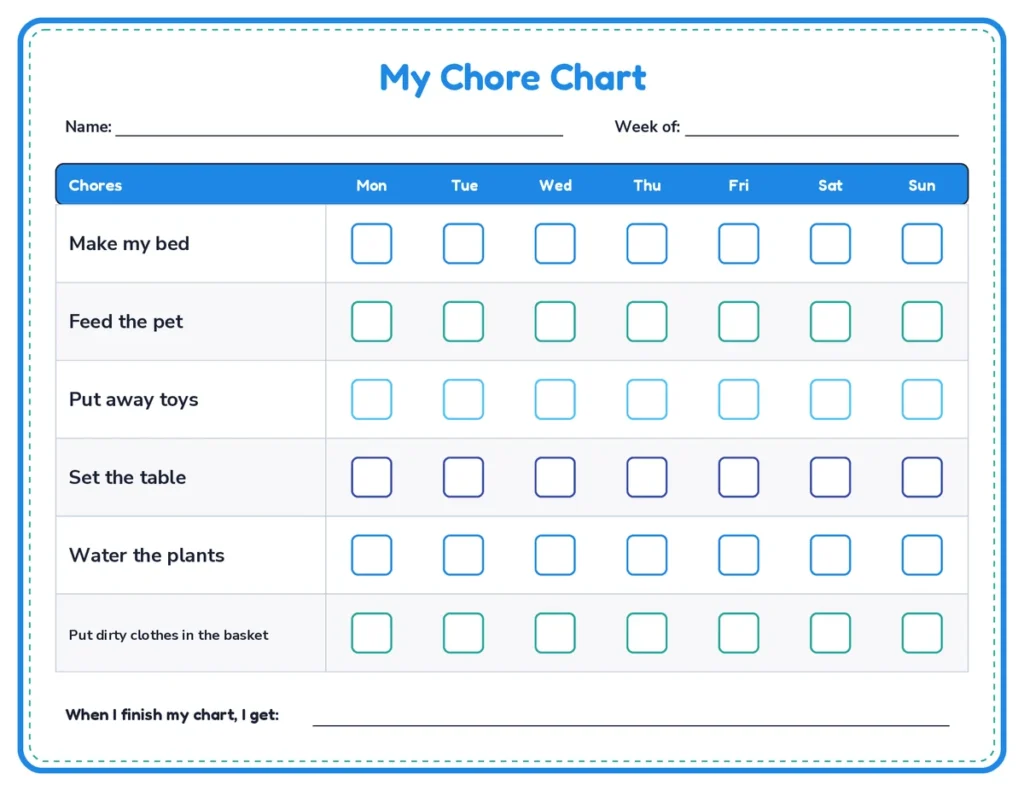 Weekly printable showing how to make a chore chart with names, daily jobs and check boxes
