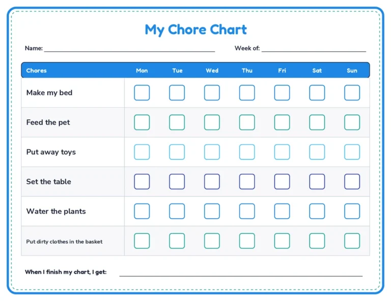 Weekly chore chart printable, 6 chores, monday to sunday