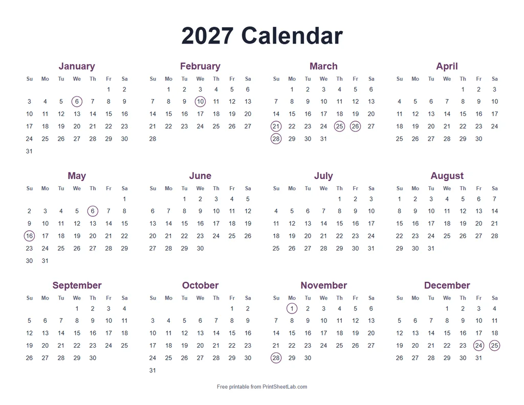 Christian Holidays 2027 in the plum color theme