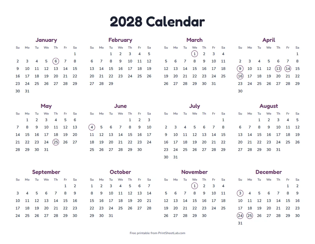 Christian Holidays 2028 in the plum color theme