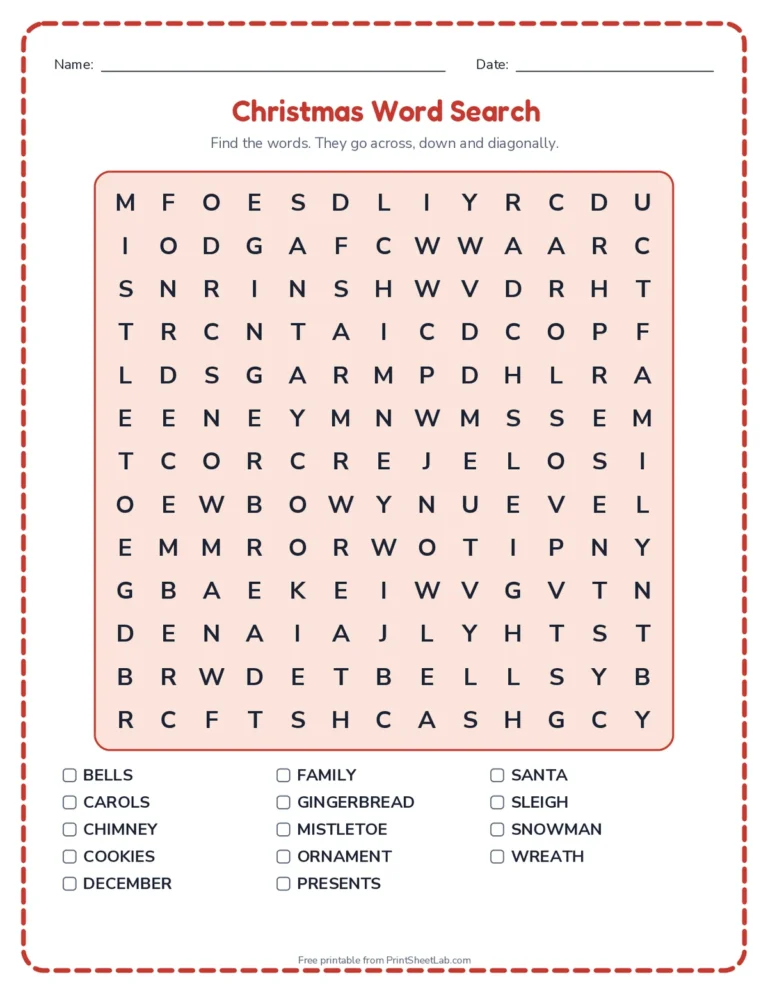 Christmas worksheets for kids: word search, word scramble, bingo, writing prompt and greeting card