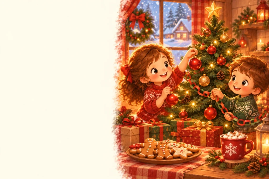 Two kids decorating a Christmas tree with ornaments and paper chains beside gifts, cookies and cocoa