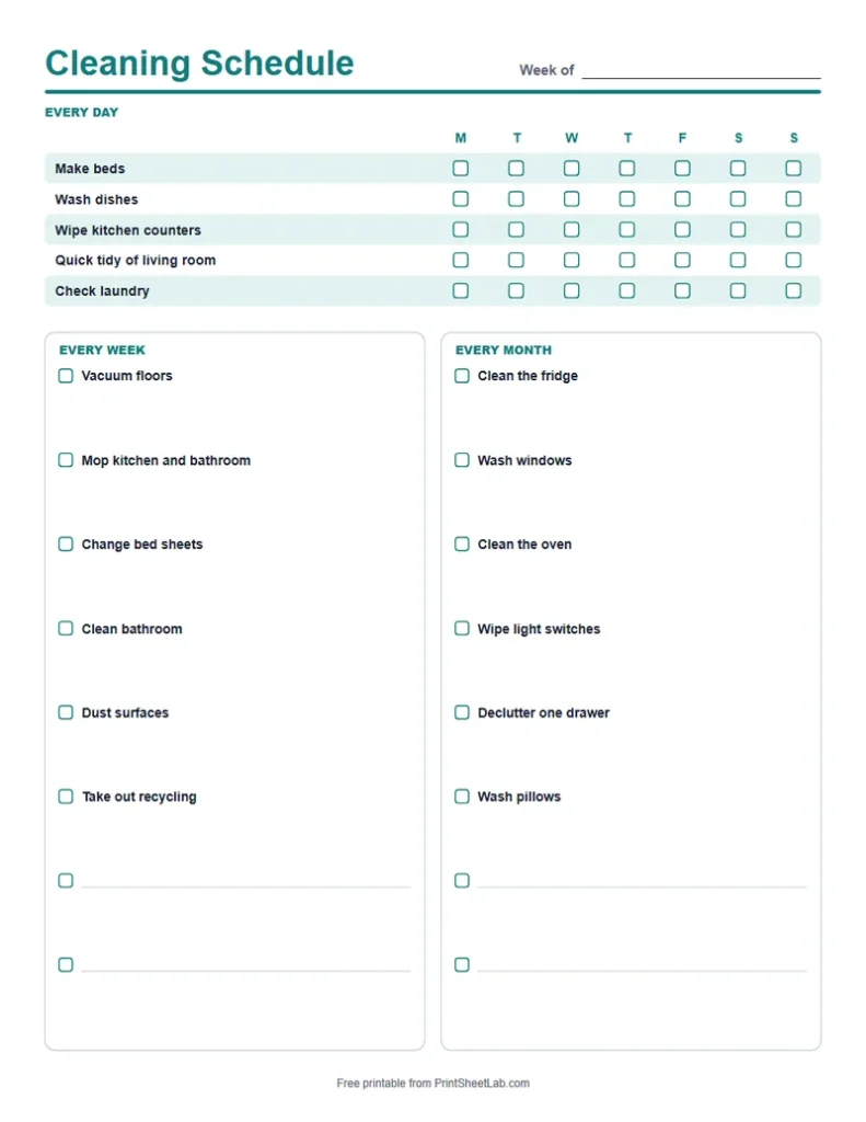 Cleaning Schedule Printable in the teal color theme