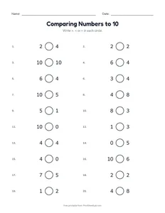 Comparing Numbers to 10 printable worksheet for kindergarten and grade 1