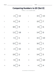 Comparing Numbers to 20 (Set B) printable worksheet for kindergarten and grade 1