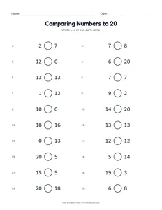 Comparing Numbers to 20 printable worksheet for kindergarten and grade 1