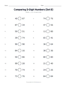 Comparing 2-Digit Numbers (Set B) printable worksheet for grades 1 and 2