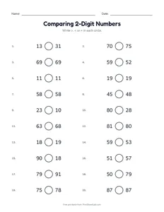 Comparing 2-Digit Numbers printable worksheet for grades 1 and 2