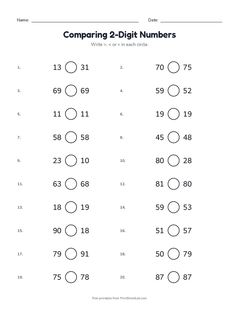 Comparing 2-Digit Numbers printable worksheet for grades 1 and 2