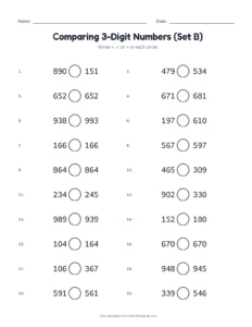 Comparing 3-Digit Numbers (Set B) printable worksheet for grades 1 and 2